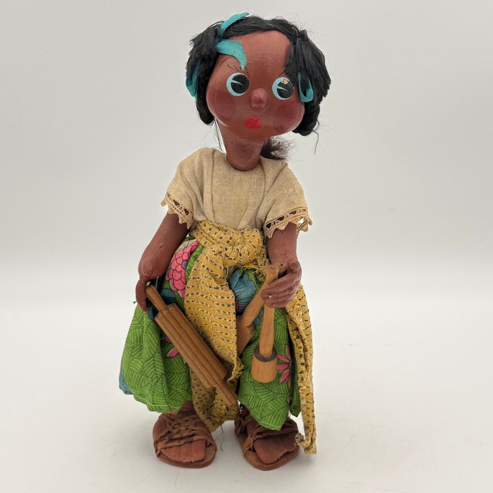Vintage Handmade Mexican Folk Art Mother and Baby Doll Traditional Dress 10 Inch